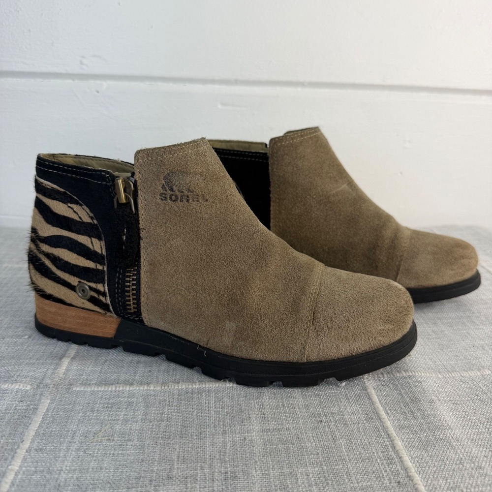 Sorel Major Low Womens 6.5 Ankle Boots Taupe Suede Zebra Calf Hair Booties